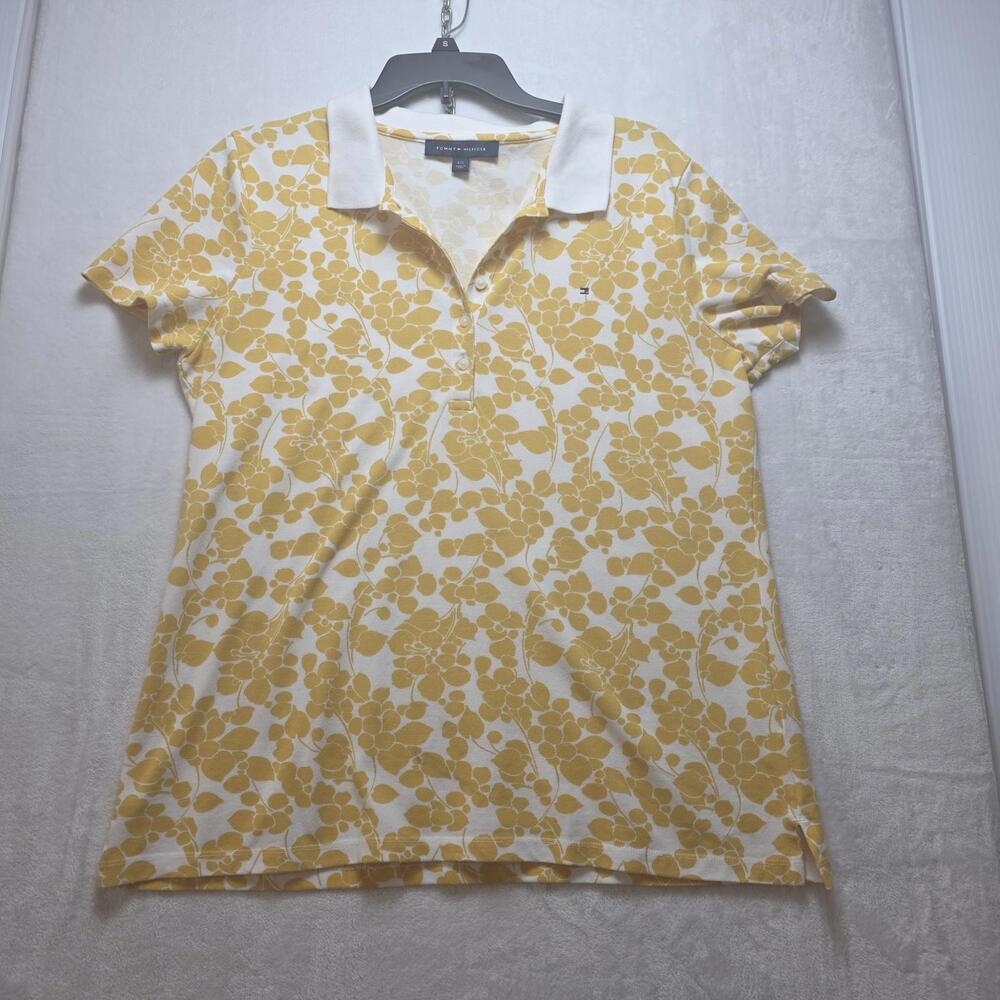 Tommy Hilfiger Short Sleeve Bright Yellow Floral Collared Blouse Women's Size L